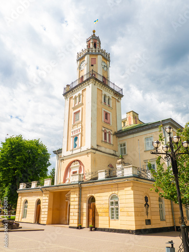 Town Hall of Sambir on Market square was built in 1638-1668 and reconstructed in 1844. Tower of the building City Hall in small town Sambir, Lviv region, Ukraine.