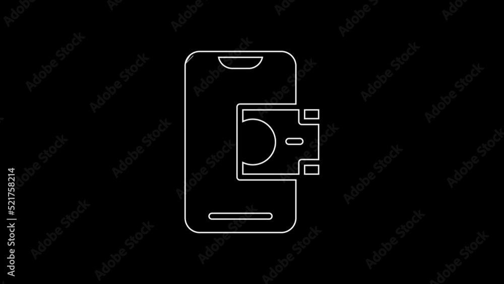White line Mobile banking icon isolated on black background. Transfer money through mobile banking on the mobile phone screen. 4K Video motion graphic animation White line Mobile banking icon isolated on black background. Transfer money through mobile banking on the mobile phone screen. 4K Video motion graphic animation