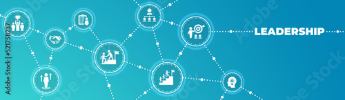 Leadership vector illustration. Banner with icons related to corporate company management