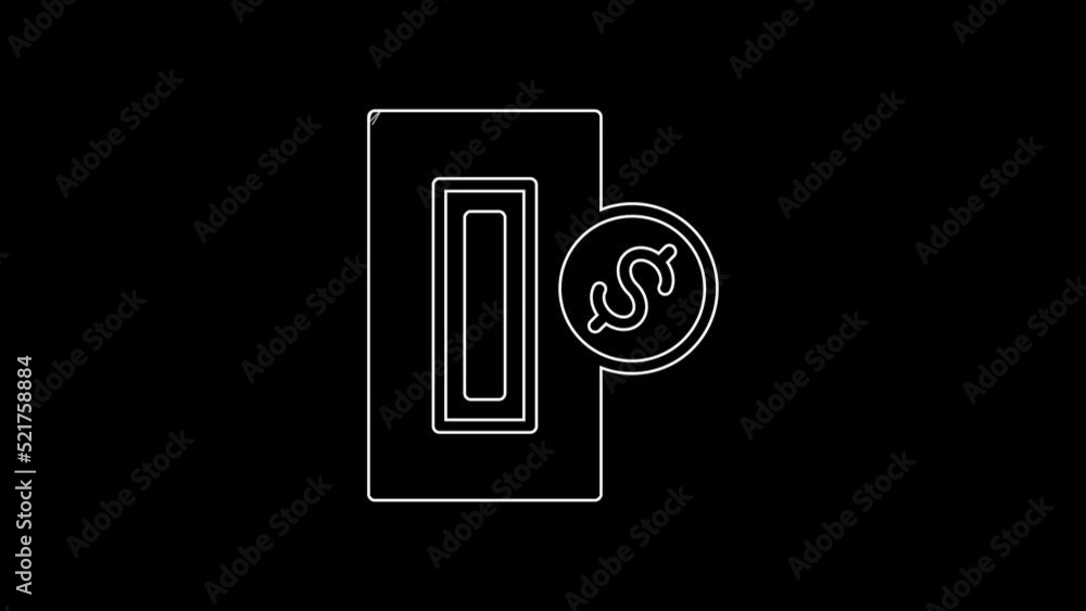 White line Hand inserting coin to a slot on a vending machine or arcade machine icon isolated on black background. 4K Video motion graphic animation White line Hand inserting coin to a slot on a vending machine or arcade machine icon isolated on black background. 4K Video motion graphic animation