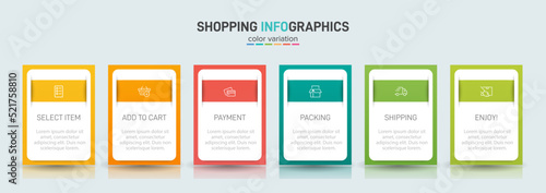 Concept of shopping process with 6 successive steps. Six colorful graphic elements. Timeline design for brochure, presentation, web site. Infographic design layout.