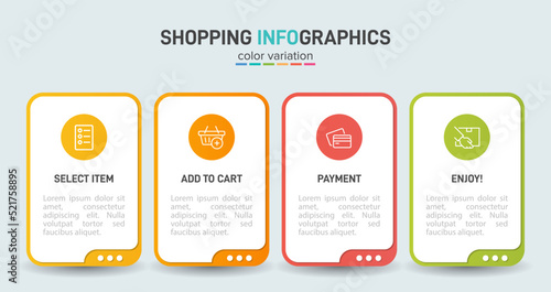 Concept of shopping process with 4 successive steps. Four colorful graphic elements. Timeline design for brochure, presentation, web site. Infographic design layout.