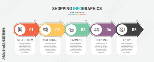 Concept of shopping process with 5 successive steps. Five colorful graphic elements. Timeline design for brochure, presentation, web site. Infographic design layout.