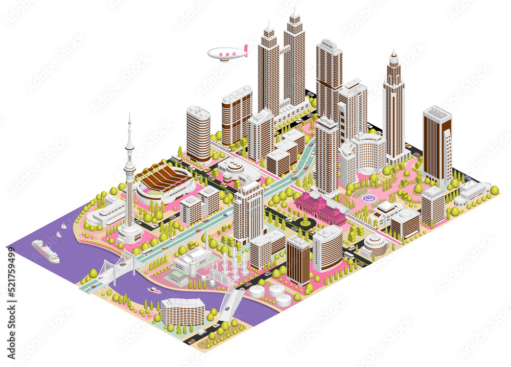 ブロックのように組み合わせれば大きな都市になる街並みイラスト　バリエーションあり