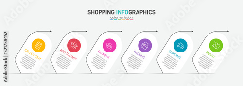 Concept of shopping process with 6 successive steps. Six colorful graphic elements. Timeline design for brochure, presentation, web site. Infographic design layout.