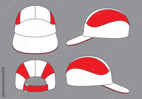 Sport white-red baseball cap with 5 panel trim style design on gray background, vector  file.