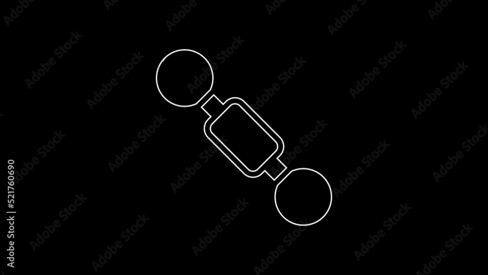 White line Dumbbell icon isolated on black background. Muscle lifting icon, fitness barbell, gym, sports equipment, exercise bumbbell. 4K Video motion graphic animation White line Dumbbell icon isolated on black background. Muscle lifting icon, fitness barbell, gym, sports equipment, exercise bumbbell. 4K Video motion graphic animation