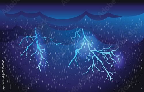 Heavy rain in dark sky, thunder lightning and clouds ,rainy season,  lightning storm,  Flood natural disaster, weather nature background, vector illustration.