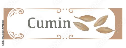 水彩風イラストを使ったクミン(カレースパイス)のラベル素材。 ベクターイラスト。