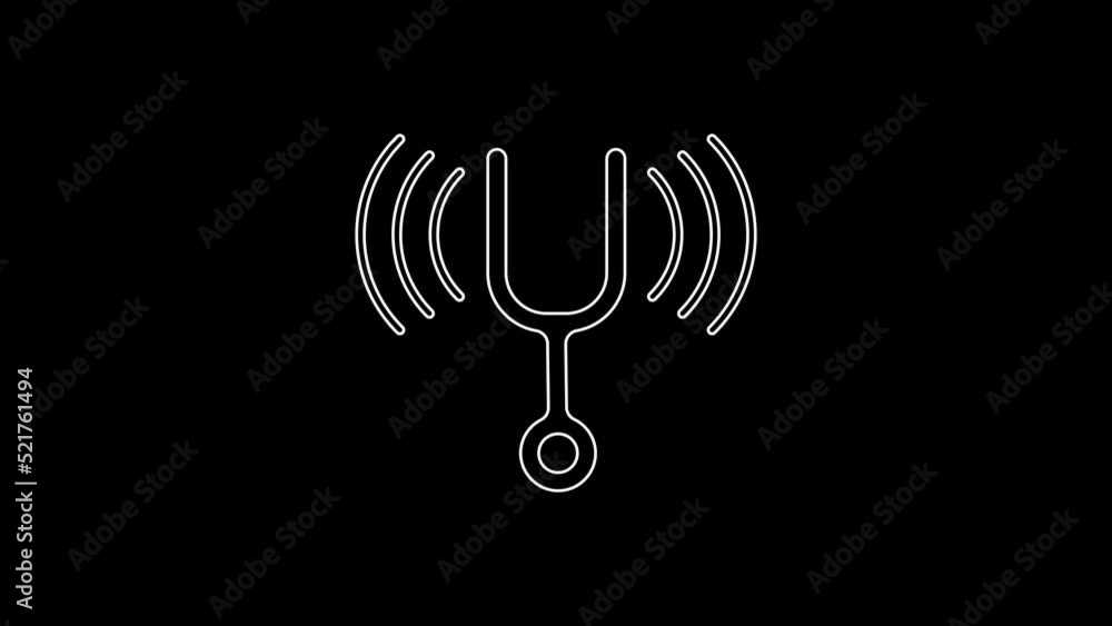 White line Musical tuning fork for tuning musical instruments icon isolated on black background. 4K Video motion graphic animation White line Musical tuning fork for tuning musical instruments icon isolated on black background. 4K Video motion graphic animation