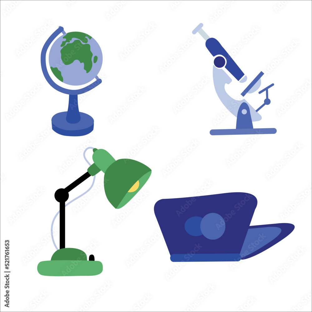 School supplies.Globe.Microscope.Table lamp.Notebook. Vector illustration isolated on white background. School supplies.Globe.Microscope.Table lamp.Notebook. Vector illustration isolated on white background.