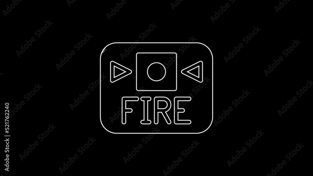 White line Fire alarm system icon isolated on black background. Pull danger fire safety box. 4K Video motion graphic animation White line Fire alarm system icon isolated on black background. Pull danger fire safety box. 4K Video motion graphic animation
