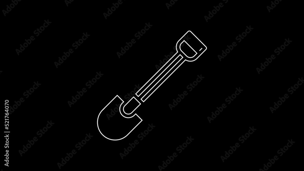 White line Fire shovel icon isolated on black background. Fire protection equipment. Equipment for firefighter. 4K Video motion graphic animation White line Fire shovel icon isolated on black background. Fire protection equipment. Equipment for firefighter. 4K Video motion graphic animation