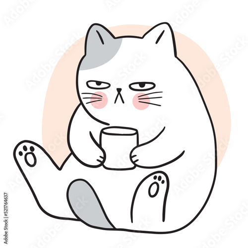 Cartoon cute boring cat drink coffee vector.
