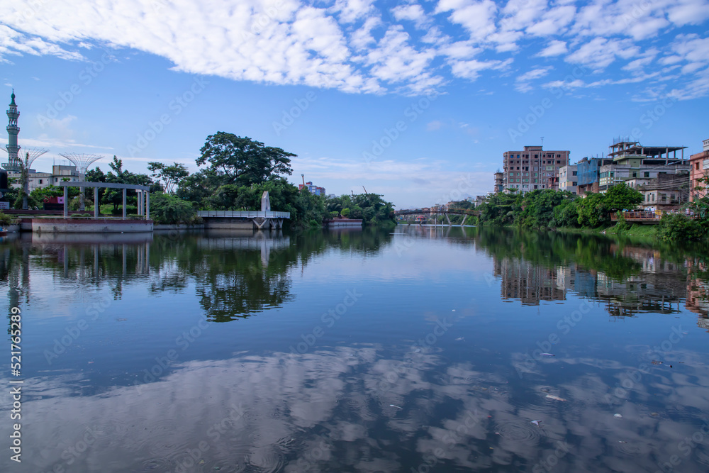 White cloudy blue sky Scenic View reflection Against Lake water White cloudy blue sky Scenic View reflection Against Lake water