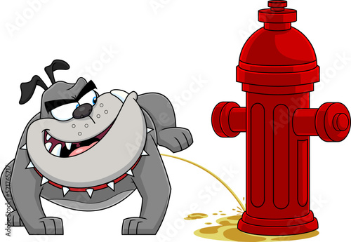 Gray Bulldog Cartoon Mascot Character Peeing On A Fire Hydrant. Vector Hand Drawn Illustration Isolated On Transparent Background