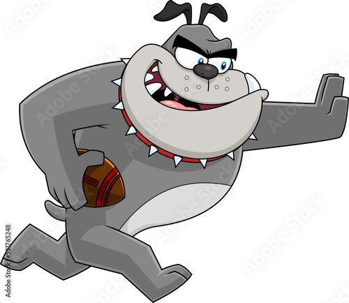 Gray Bulldog Cartoon Character Football Player Running. Vector Hand Drawn Illustration Isolated On Transparent Background