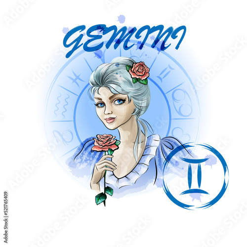 Gemini zodiac sign. Portrait of a lady with roses in the zodiac circle
