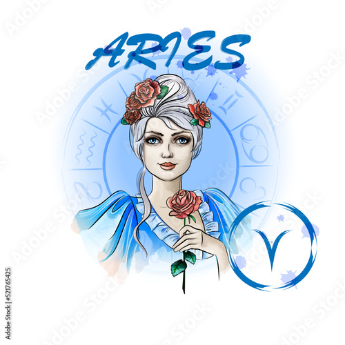 Zodiac sign Aries. Portrait of a lady with roses in the zodiac circle