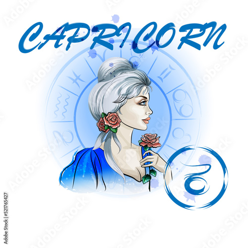 Zodiac sign Capricorn.Portrait of a lady with roses in the zodiac circle