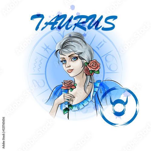 Zodiac sign Taurus.Portrait of a lady with roses in the zodiac circle