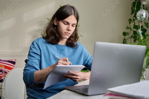 Teenage male student studying at home using a laptop