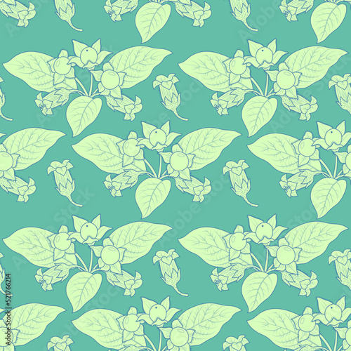 Floral vector seamless ornament with belladonna plant in graphic style on a blue background. Seamless pattern. Wrapping paper, scrapbooking, fabric, textile, decor, decoration. 