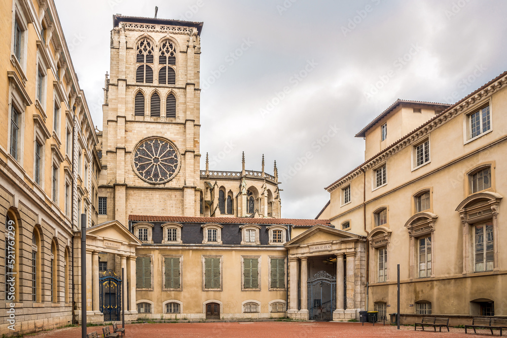 View at the Library courtyard and Bell tower of Cathedral of Saint John the Baptist in the streets of Lyon - France