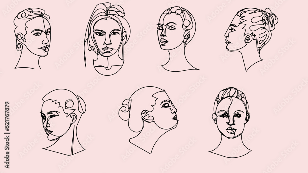 Set of portraits of women in lineart. Vector illustration of young women in profile, side profile and front view. Set of portraits of women in lineart. Vector illustration of young women in profile, side profile and front view.