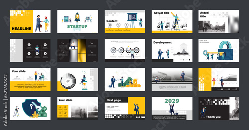 Graphic Design Project Presentation, powerpoint. business startup. Infographic Slide. For use Flyer. Webinar Landing Page Template, Website Design Banner. A team of people creates a business, teamwork