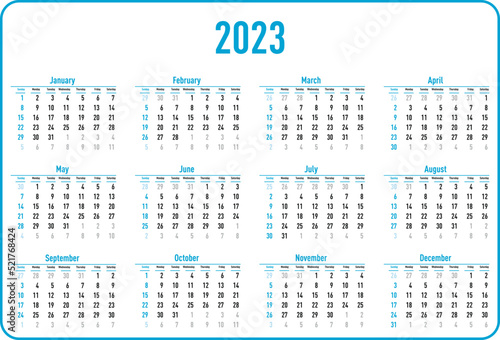2023 year calendar on white background. Vector illustration