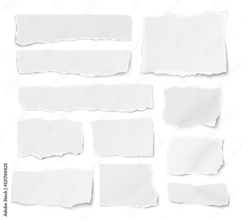 Set of paper different shapes ripped scraps fragments wisps isolated on white background. - obrazy, fototapety, plakaty 