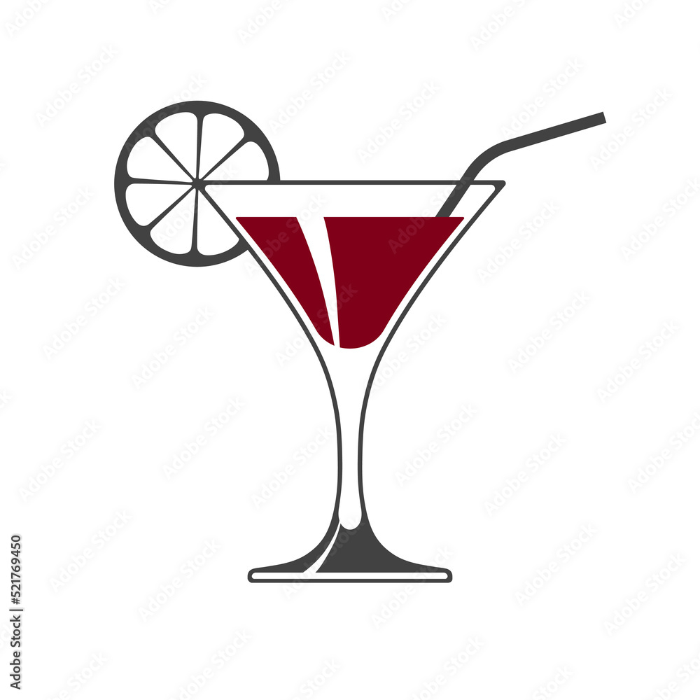 Vector icon of wine glass with slice of lemon and straw isolated on white background. Vector icon of wine glass with slice of lemon and straw isolated on white background.