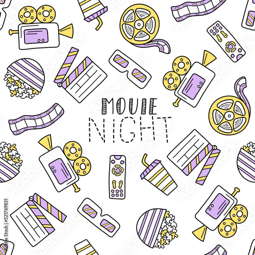 Cinema seamless pattern. Doodle hand drawn style. Cinema elements for media production, festival, theater background. Vector illustration. Movie night lettering.