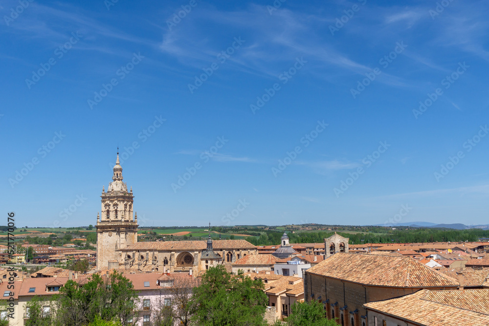 Vista de El Burgo de Osma desde el cementerio. Destaca sobre los tejados la catedral de la Asunción. Soria, Castilla y León, España. 