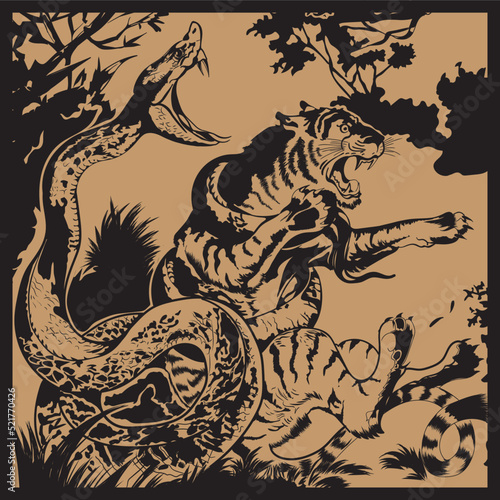 Fierce fight between python or boa and tiger in dense forest