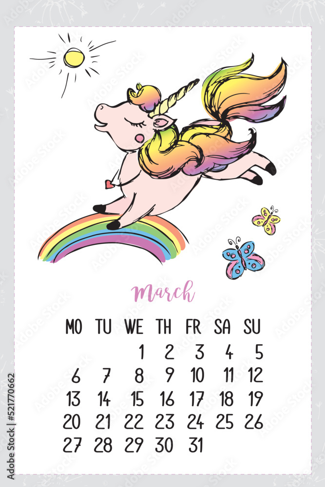 Calendar march 2023 with cute unicorn. Monthly calendar in hand drawn