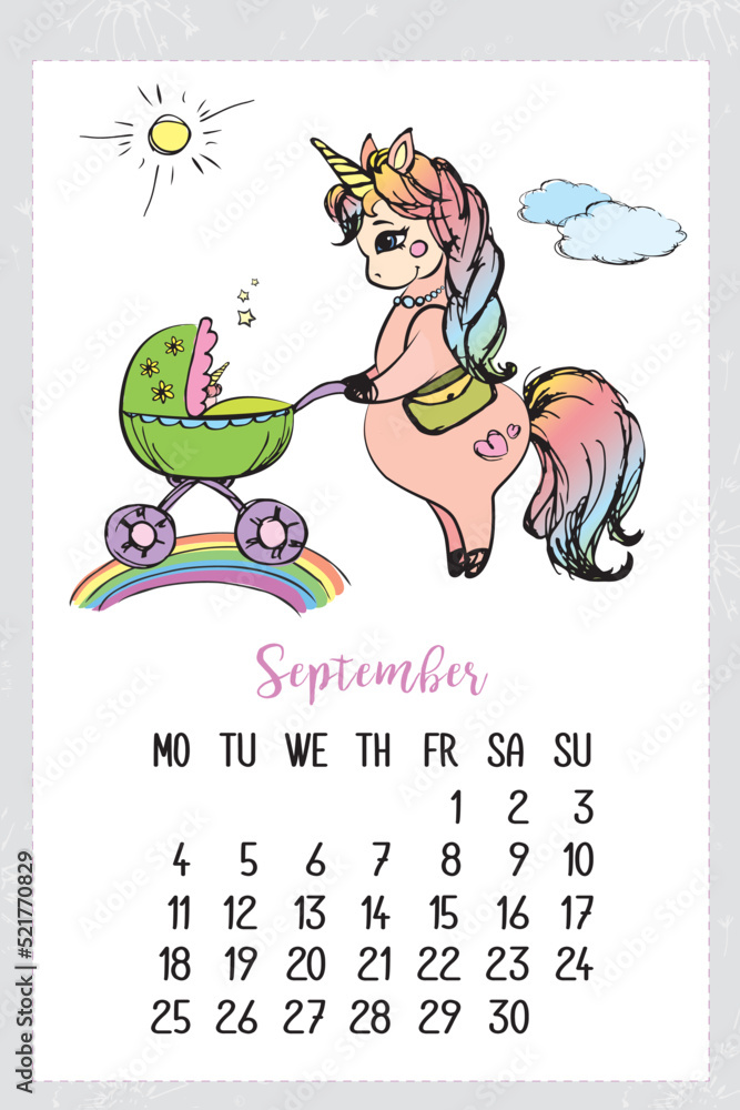 Vecteur Stock Calendar september 2023 with cute unicorn. Monthly