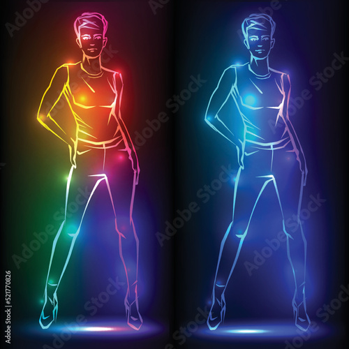 Fashion woman. Female model. Hand drawn fashion lady. Banner with neon silhouette of sexy woman figure, beautiful silhouettes, nightclub, striptease, sex shop advertisement, vector illustration