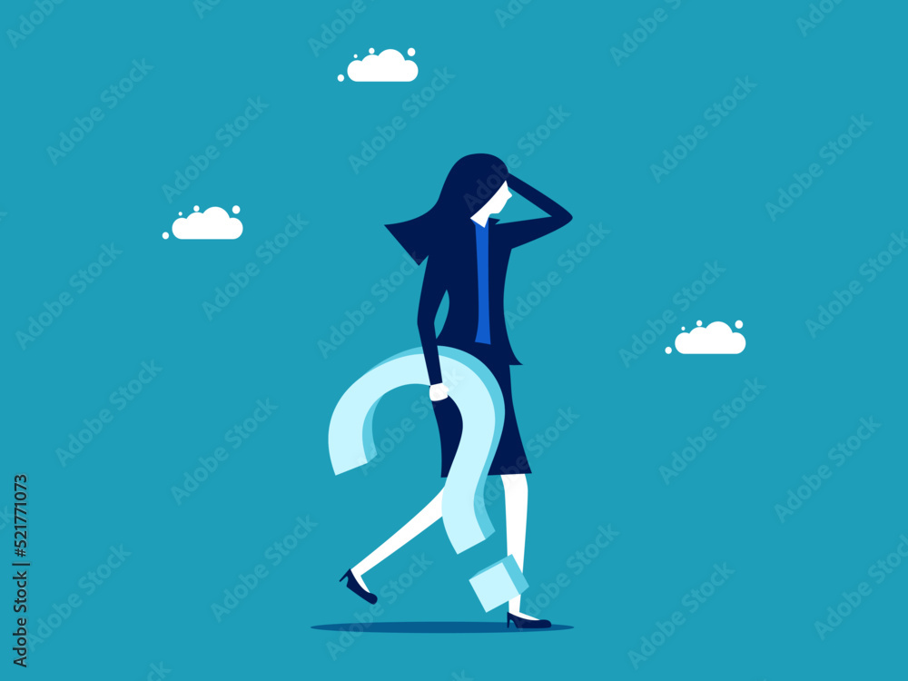 Question. Businesswoman holding a question mark. Answer concept vector illustration