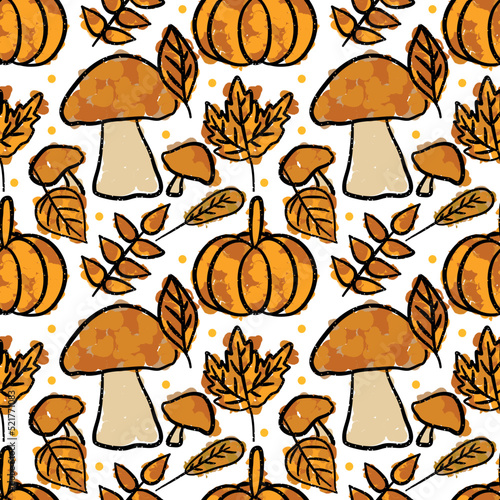 Seamless pattern of autumn. Wrapping paper pattern. Crayon vector. Monochrome tone.