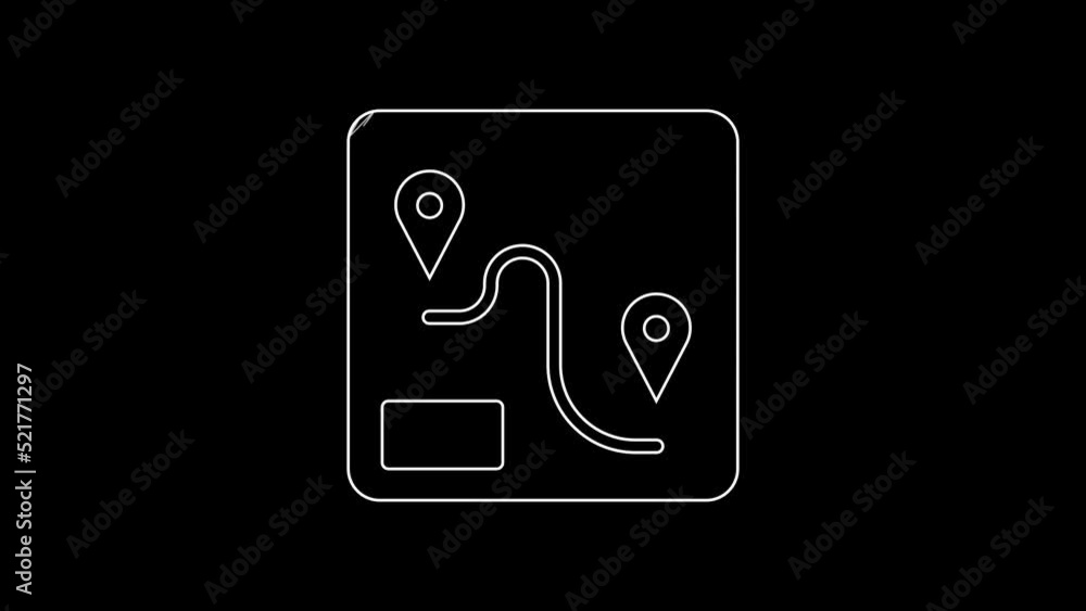 White line Route location icon isolated on black background. Train line path of train road route with start point GPS and dash line. 4K Video motion graphic animation White line Route location icon isolated on black background. Train line path of train road route with start point GPS and dash line. 4K Video motion graphic animation