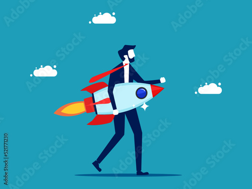 Starting a business. Businessman holding a rocket. business concept vector illustration