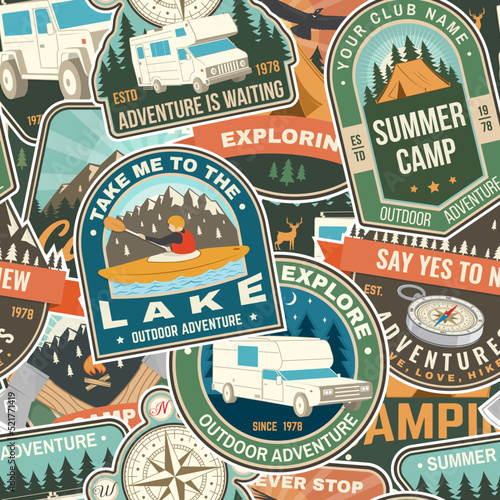 Summer camp colorful seamless pattern with travel inspirational quotes. Vector. Background, wallpaper, seamless pattern with man in canoe, lake and mountain silhouette.