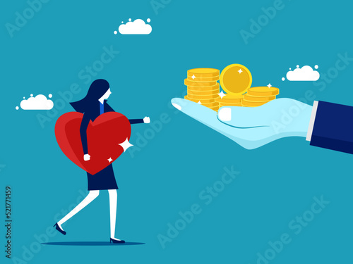 Buy heart. A businesswoman sells honesty. business concept vector illustration