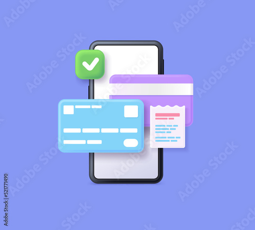 3D bill payment with credit card and financial security for online shopping. Receipt for smartphone screen. Online payment credit card 3D with payment protection concept. Vector illustration