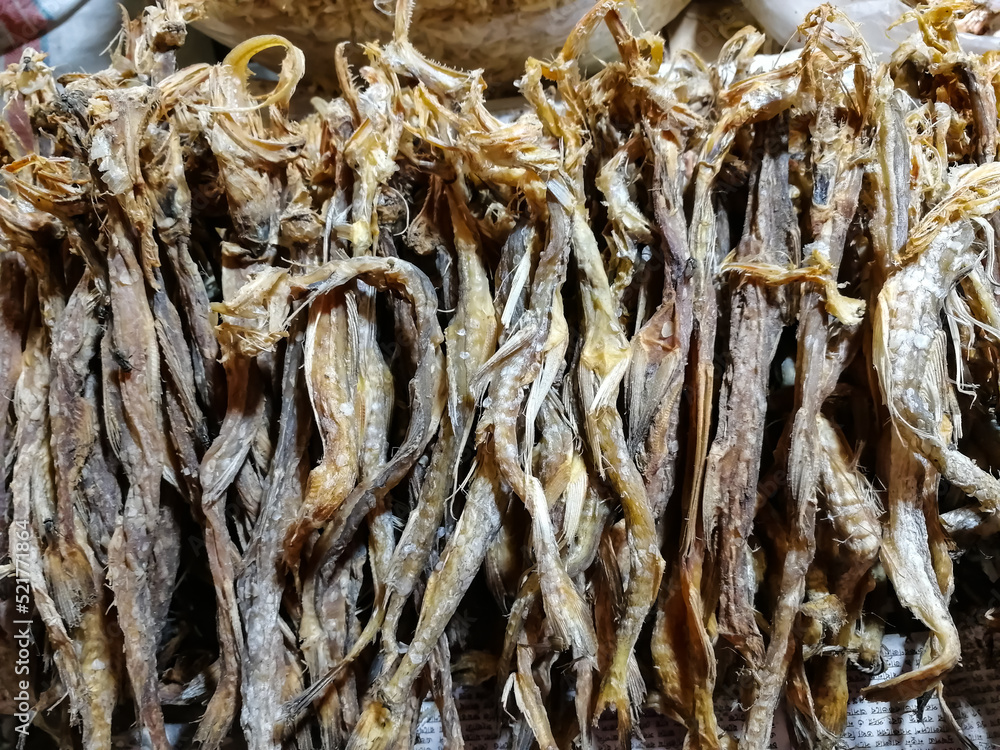 Fresh dried fish at the market. Delicious seafood on the street market. Korean fishery ingredients for the restaurant. Aquatic salted fish ready to cook