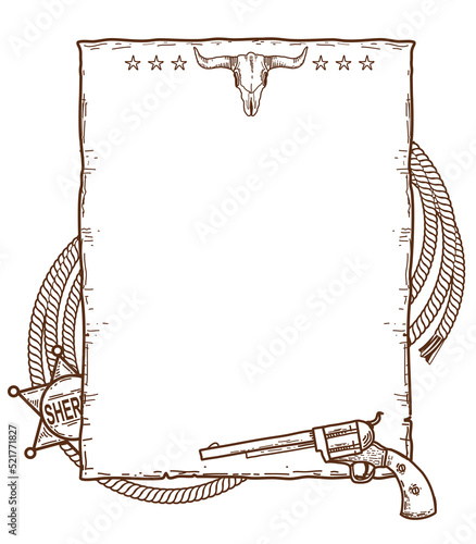 Cowboy Wild West background. Vector hand drawn illustration Wild West Poster and sheriff star and lasso and gun and cowboy accessories isolated on white