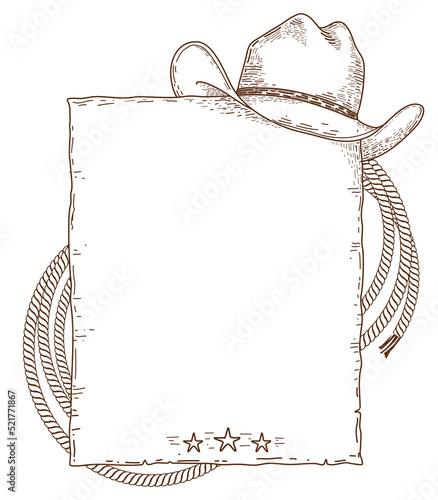 Cowboy paper background. Vector hand drawn illustration with Country cowboy hat, lasso on white background.