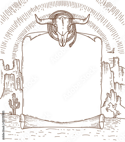 Wild West paper background for text. Vector cowboy western hand drawn doodle illustration with buffalo skull and lasso on American canyon desert and cowboy.